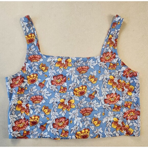 RACHEL ZOE Linen Blend Tank Top Cropped Blue Floral Smocked back size Medium - Picture 1 of 9